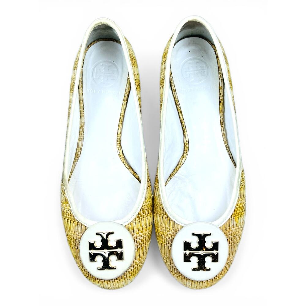 Tory Burch Reva Raffia Straw Ballet Flats Size 7 Natural Woven Gold Logo Classic